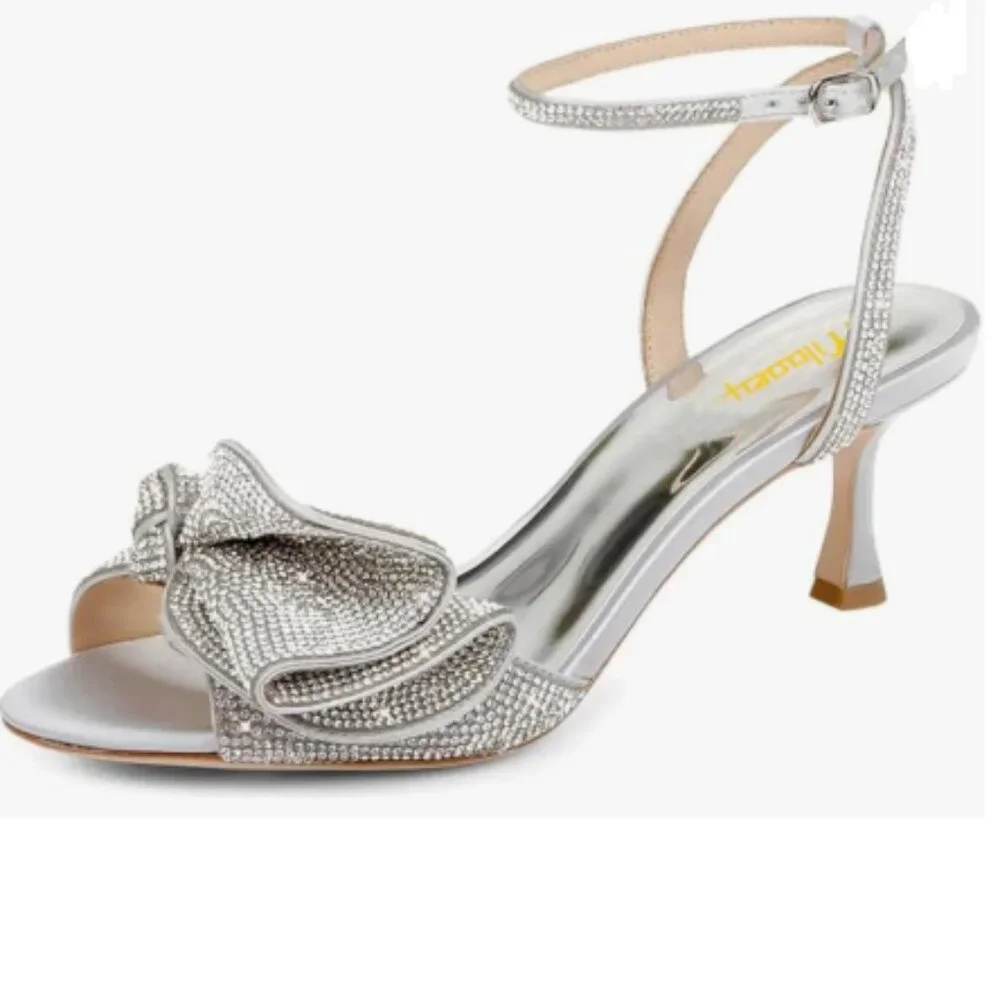 Milooey shoes Silver Glitter Rhinestone Bow Crystal Ankle Strap Mid Heels Sandal